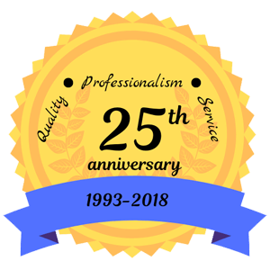yellow 25th anniversary badge with blue 1993-2018 banner